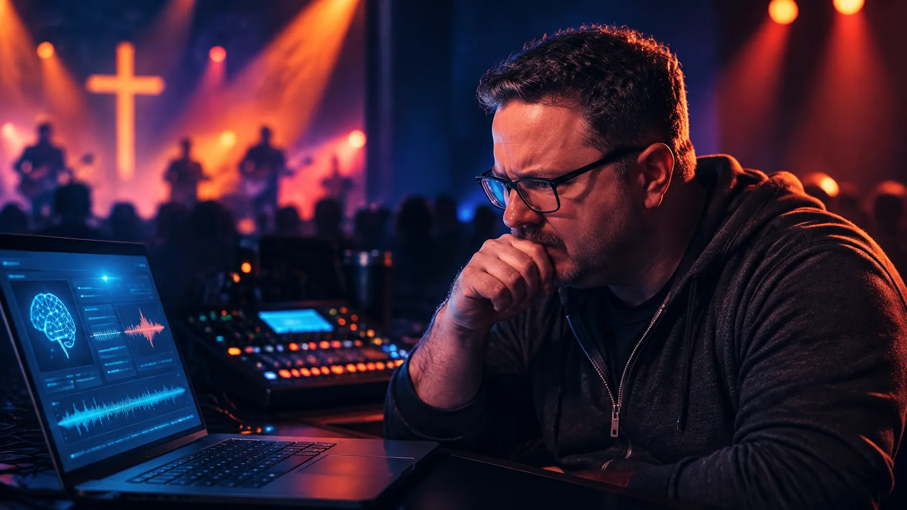 Pastor thoughtfully looking at an AI interface during a worship service