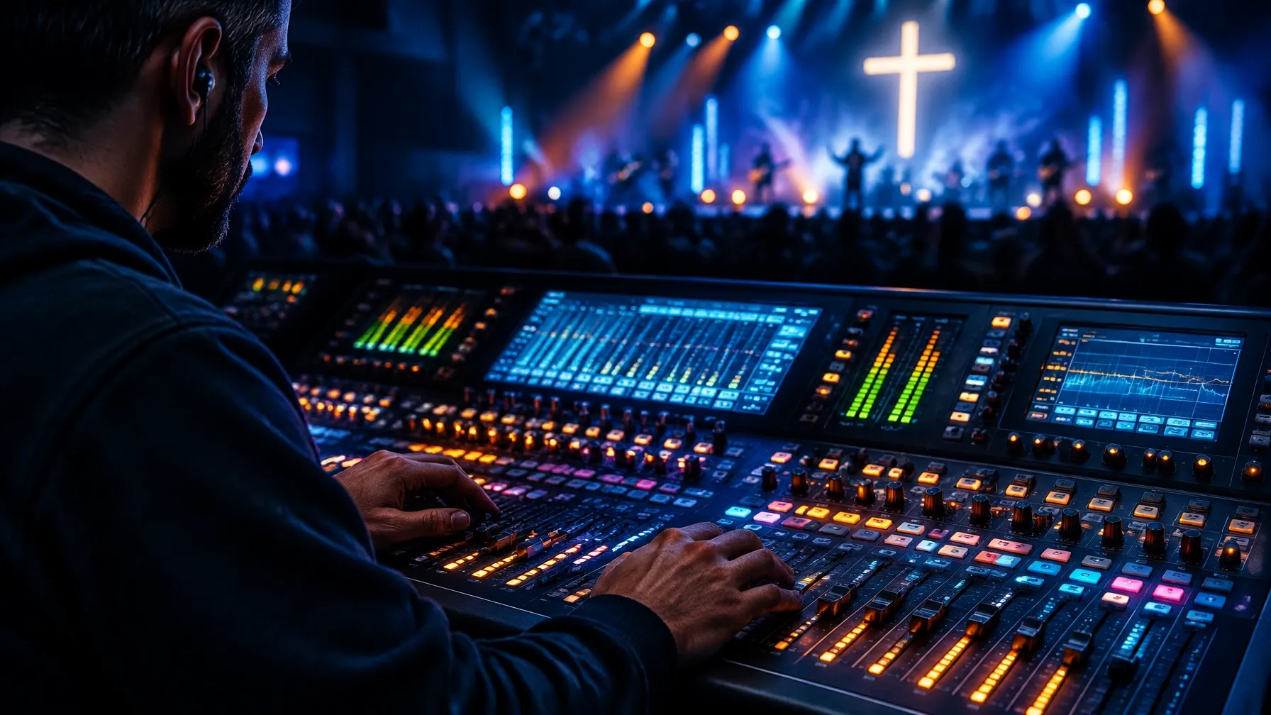 Hands on an audio mixing console during a worship service